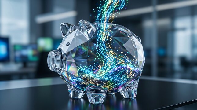 Crystal piggy bank, money flowing out, colorful particles, office background, finance concept, transparent pig