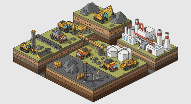 Isometric industrial landscape illustrating the stages of coal mining from extraction to processing at a power plant