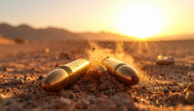 Polished brass cartridge casings scattered across scorched earth with fine dust particles, showcasing a cinematic sunset over a barren desert landscape in a wide angle, high resolution photograph.