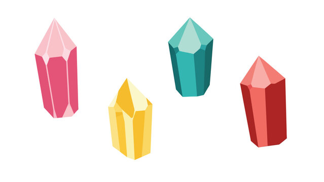 Set of colorful cartoon crystals, gem stones, and mineral rocks in various shapes and colors isolated on white background.