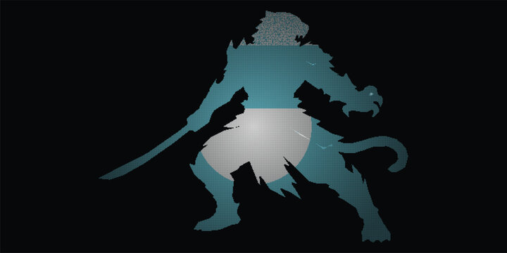 Esports Gaming Avatar Asset with Beast Warrior Silhouette and Katana in Teal Digital Grid Glitch Art Style