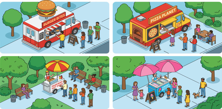 Isometric Food Truck and Street Vendor Vector Illustration Set Featuring Burger Truck Pizza Van Hot Dog Cart and Ice Cream Stand in a City Park