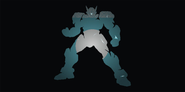 Industrial Robotics Web UI Asset with Giant Mecha Titan Silhouette in Teal Digital Grid and Cyber Glitch Style