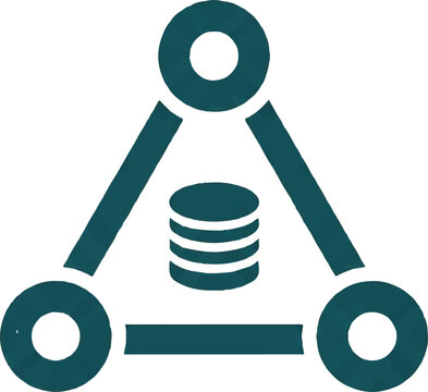 An abstract network of three interconnected circles forming a triangle with a central data core, representing a fog computing cluster. Deep teal and white. minimalist flat vector artwork,