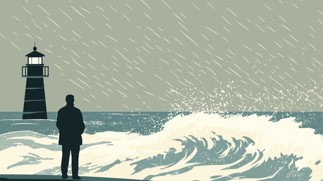 Man watching stormy sea with lighthouse during rainfall scene