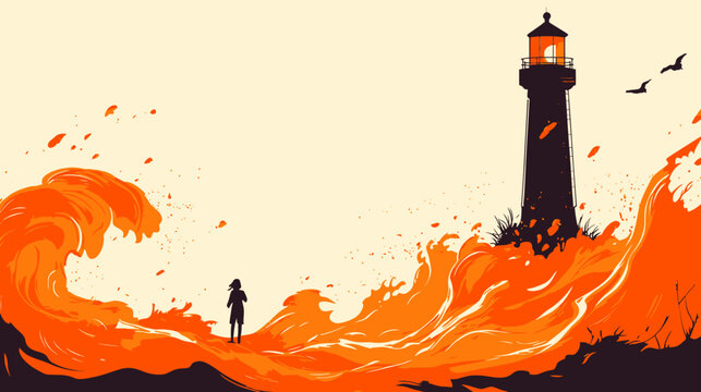 Person standing near lighthouse amid large orange waves and flying seabirds