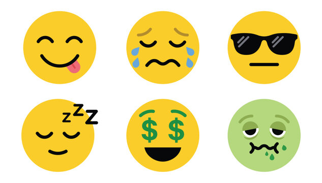 Funny Emoji Faces Vector Set with Silly Tongue Out Crying Cool Sleeping Rich and Sick Expressions