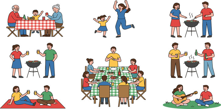 Summer Barbecue and Picnic Cartoon Character Set Featuring Multi Generational Family Families Grilling Meat, Dining at Tables, Dancing, and Playing Guitar