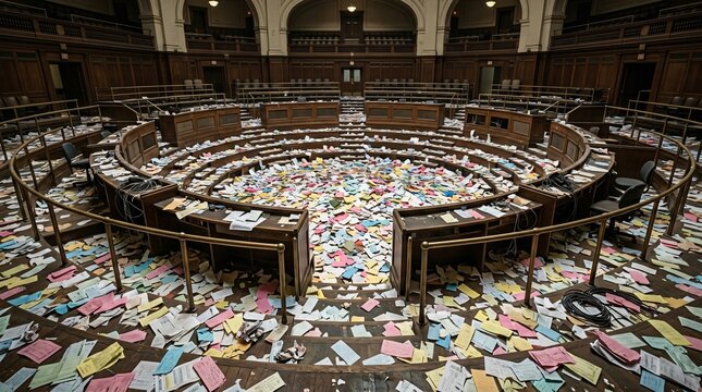 Colorful paper notes scattered, parliamentary chamber, government meeting room, financial crisis