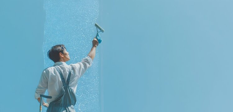 Man cleaning a window with a squeegee on a blue background, focused on the task
