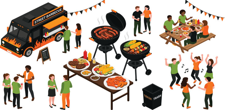 Isometric Street Barbecue Party Vector Set with Food Truck, Charcoal Grills, Picnic Table, Buffet Food, and Diverse People Dancing and Eating