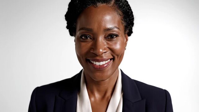 Smiling woman in professional attire perfect for UI/UX design and motion graphics