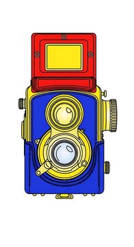 A vibrant, cartoon-style depiction of a vintage twin-lens reflex camera, rendered in bright primary colors against a stark white background