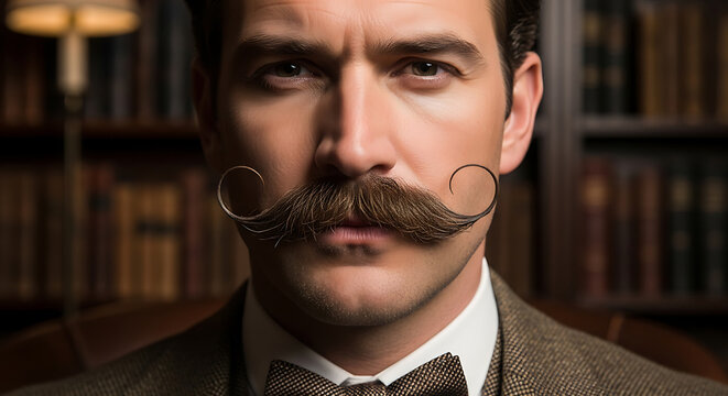 Man with handlebar mustache detailed facial hair portrait on transparent background