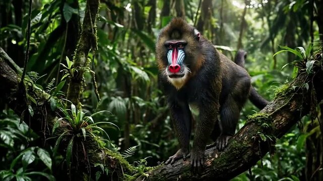 Adult Mandrill Monkey Perched on Tree Branch in Tropical Rainforest Jungle for Wildlife Conservation and Biodiversity Concept
