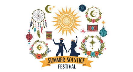 Fototapeta premium A vibrant illustration of a Summer Solstice Festival with a dancing couple, sun, moon, dreamcatcher, floral wreaths, and bohemian decorative elements.