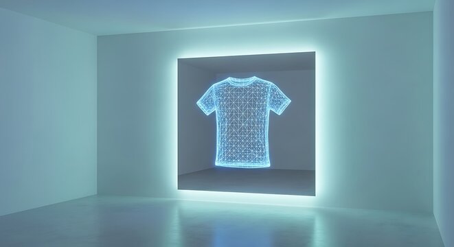 Digital wireframe t-shirt glowing in a modern futuristic gallery room with neon blue light effects
