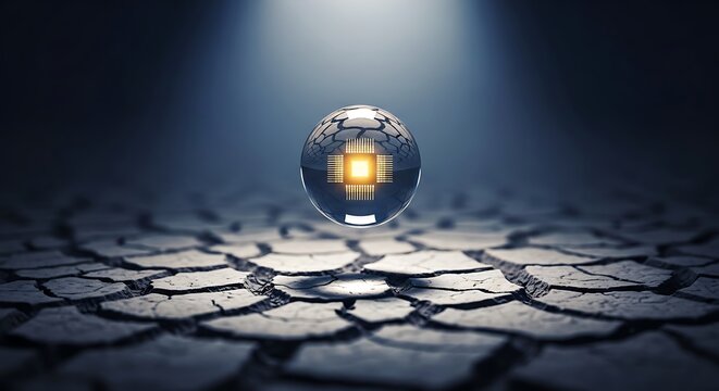Glowing computer chip floating above a dry cracked desert ground in a dark atmosphere