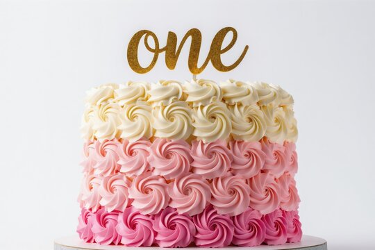 Pretty pink and cream ombre cake with rosettes icing. Gold one topper marks a first birthday celebration. Perfect dessert for cake smash party.