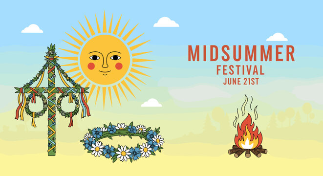 A vibrant cartoon illustration depicting a Midsummer Festival scene with a smiling sun, a decorated maypole, a flower crown, and a bonfire under a blue sky.