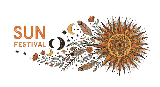 Bohemian Sun Festival banner with ornate sun, crescent moons, stars, feathers, and botanical elements in warm earthy tones.