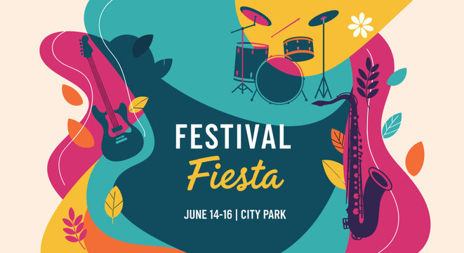 Vibrant Festival Fiesta poster featuring musical instruments like a guitar, saxophone, and drums, with abstract colorful shapes and floral elements, announcing an event in City Park.