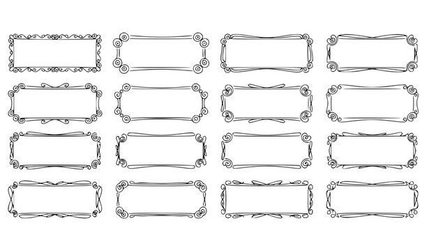 Minimalist hand drawn line frames with soft wavy swirl borders clean rectangular outline vector design set