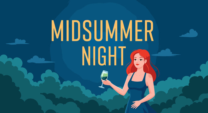 A woman with red hair in a blue dress holds a green drink under a starry night sky with clouds and trees, with the words "MIDSUMMER NIGHT" prominently displayed.