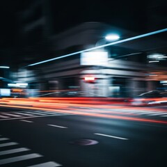 Fototapeta premium Dynamic urban movement across a city street with cinematic light trails and heavy motion blur. Fast action captured with a long exposure, scene, blur, flow