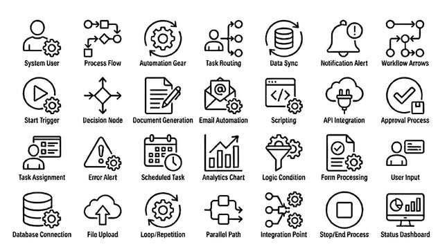 Software development symbols for automation and system processes are arranged in a structured grid format on a solid white background.