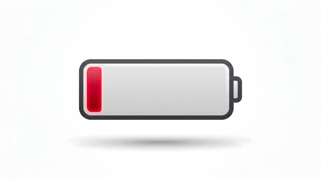 Low battery icon with red indicator on white background, empty power level symbol, digital energy status illustration for mobile interface