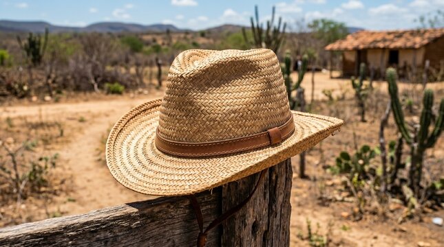 Chap&eacute;u de palha artesanal em cen&aacute;rio rural brasileiro