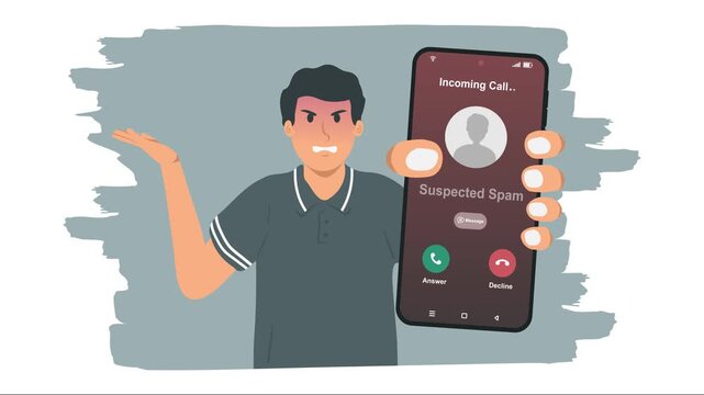 A man holding smartphone with incoming call from unknown caller. Spammer incoming call concept.