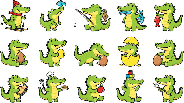 Cute Cartoon Crocodile Mascot Character Set Pack Featuring Diverse Activities Like Fishing, Skiing, Cooking, Eating, Hatching From Egg, and Roasting Marshmallows for Kids Designs