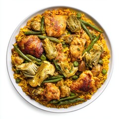 Fototapeta premium Paella Valenciana with artichokes chicken pieces and runner isolated on a white background