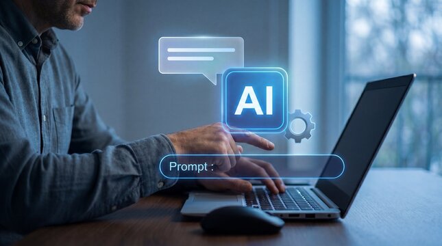 Man Working on Laptop Entering AI Prompt with Chat Bubble and Gear Icons on Desk