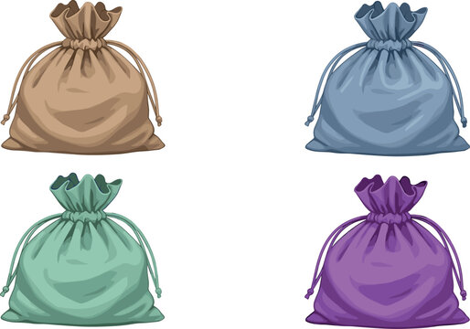 Colorful Drawstring Pouch Bag Collection Set in Brown Blue Green and Purple for Gift, Storage, and Shopping Design Projects