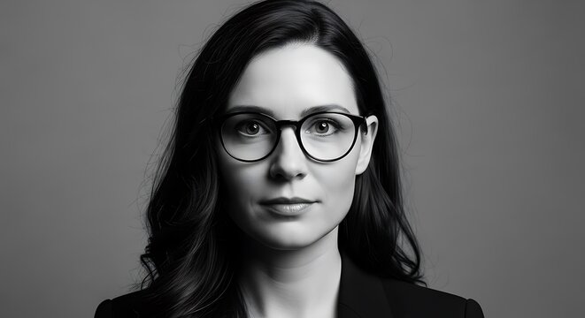Black and white portrait of a woman with glasses and dark hair, wearing a blazer, facing the camera with a neutral expression