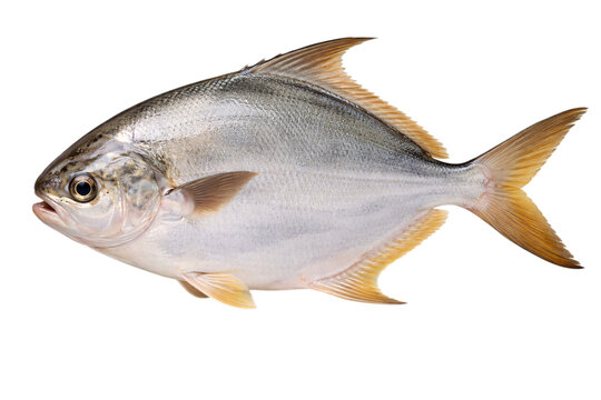 Golden pompano fish isolated on black background with yellow fins and silver png transparent