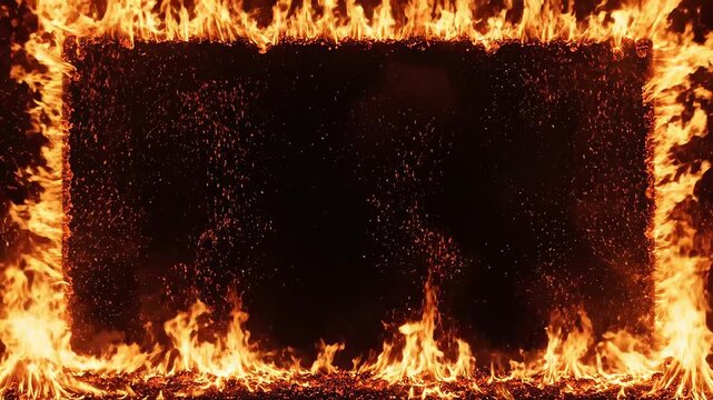 Flames forming rectangular frame emphasizing fluid motion and vibrant color palettes