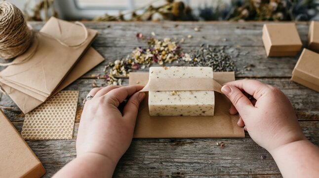 Handmade soap packaging with natural artisanal paper and twine on wooden surface