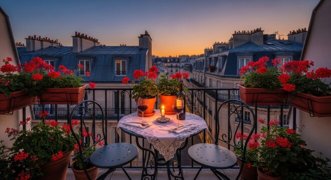 Chic Parisian balcony setting with wine and flowers overlooks cityscape at dusk