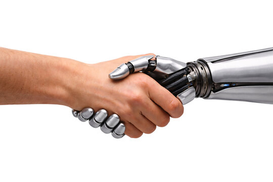 Human hand and robotic arm shaking hands in a symbol of technology png isolated transparent