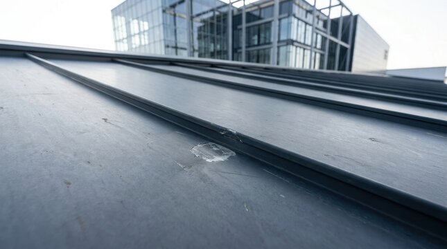 Close-up of dark gray standing seam metal roof panels against a modern glass building exterior