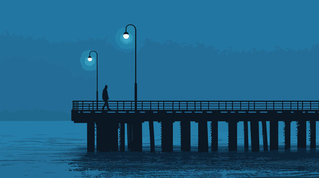 Silhouette of a person walking on a pier at night with lamps