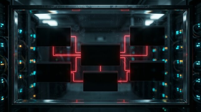 Neon Red Network Flowchart Diagram With Blank Digital Screens