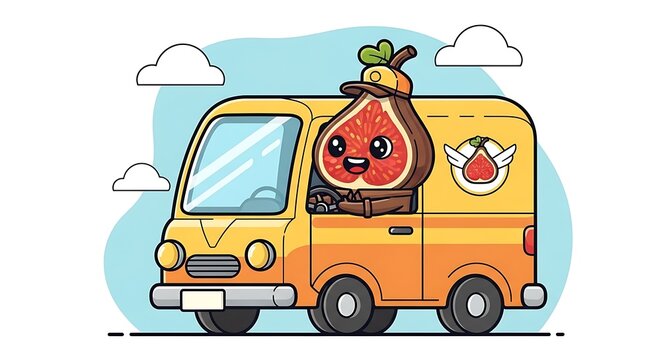 Animated fig character in a yellow delivery van, driving, smiling, with blue sky and clouds in the background
