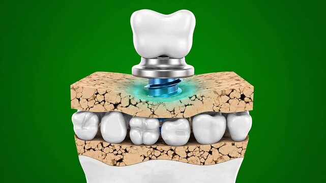 Dental Implant Animation Showing Tooth Root Bone Structure and Screw Installation Process