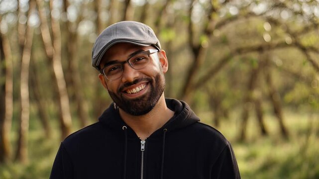 Smiling African American Man in Nature with Glasses and a Hat.