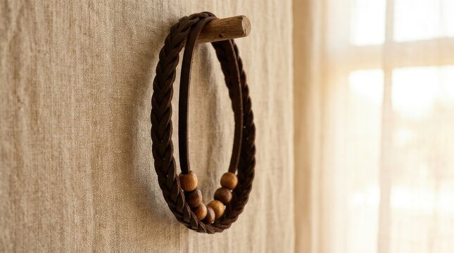 Woven leather strap bracelet with wooden beads hanging delicately from a wooden peg